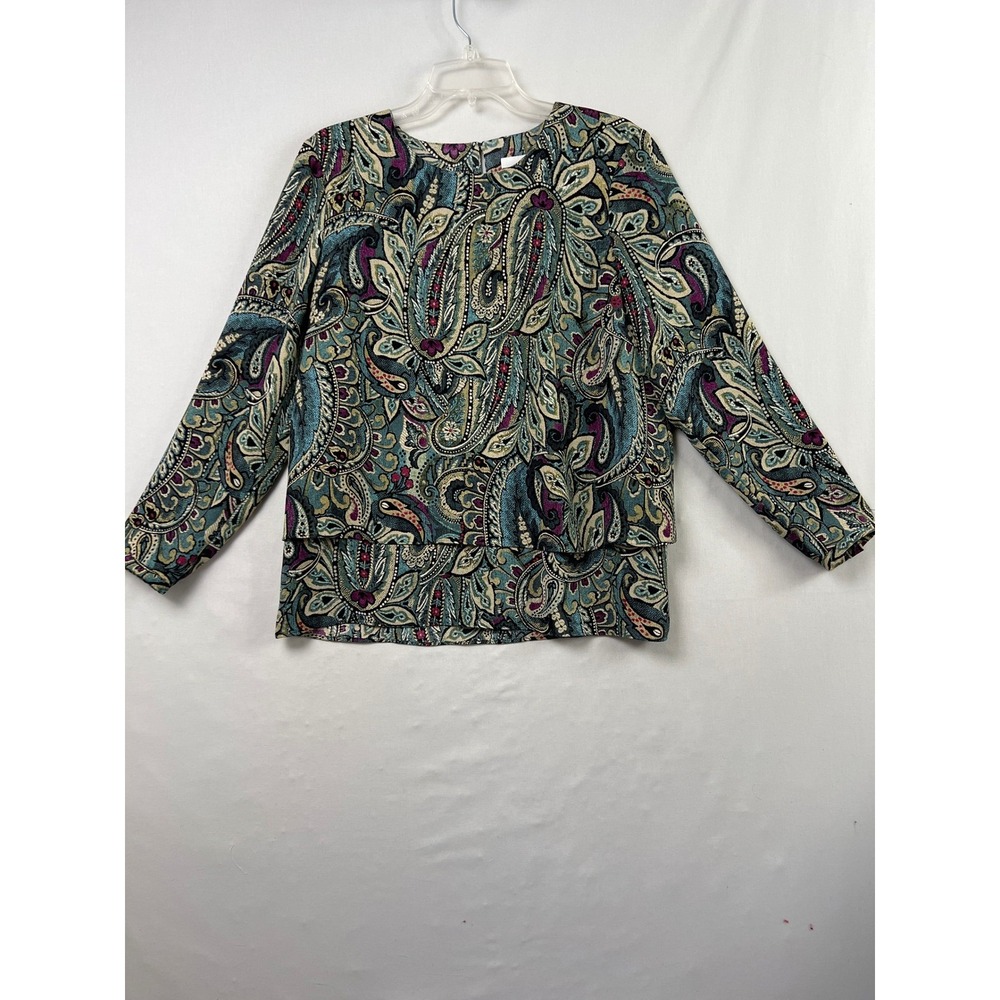 J.Jill Blouse Women M Petite Teal Paisley Tiered Hem Excellent Long Sleeve Top